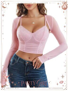 Mesh Long Sleeve Sheer Crop Cami Top with Shrug 2 Piece Set Clubwear
